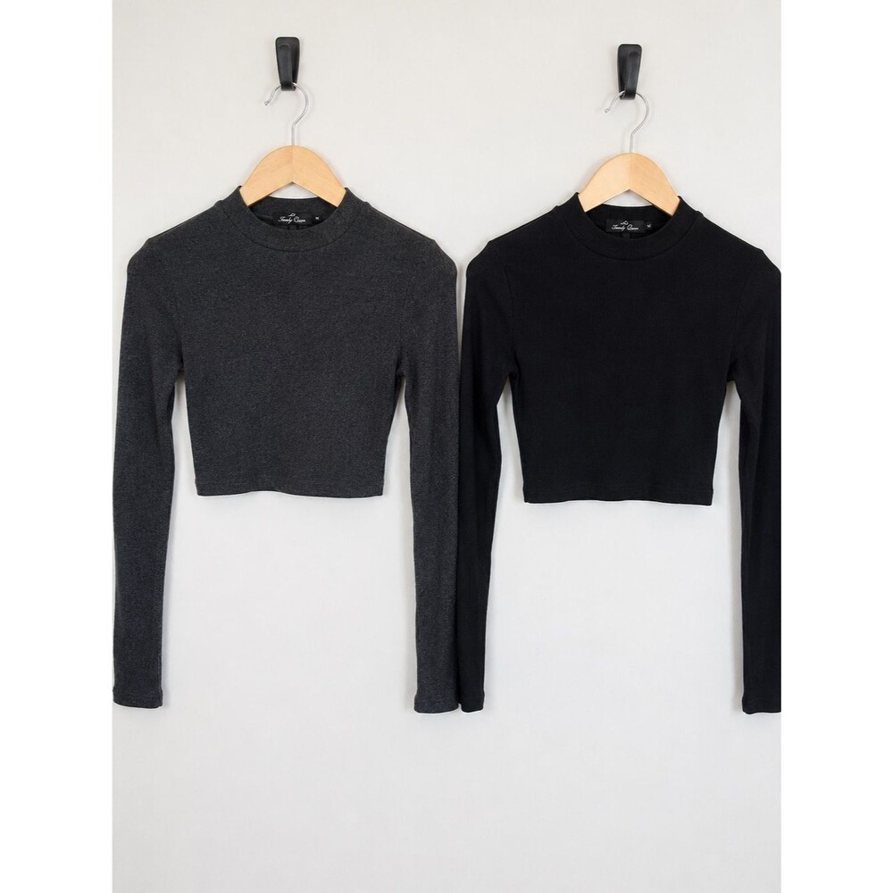 Trendy Queen Ribbed Long Sleeve Crop Tops Black Charcoal Medium 2 Pack
